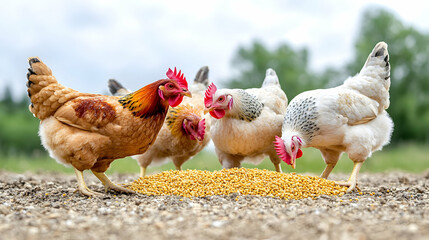 Three Chickens Eating Corn On Ground