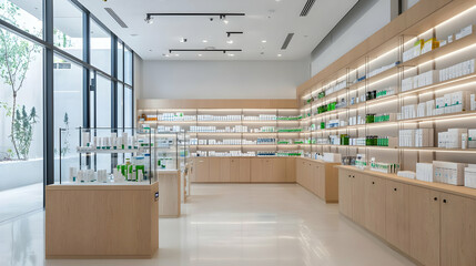Modern Pharmacy Interior With Light Wood Shelves And White Products