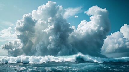 A massive smoke cloud over the ocean with towering waves against a clear blue sky background