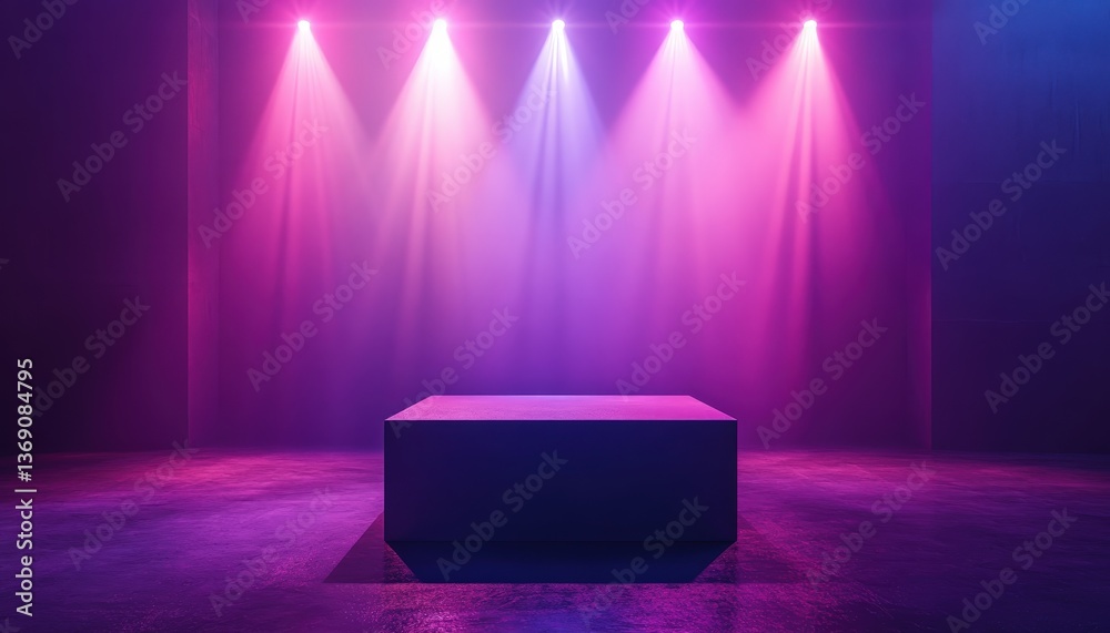 Aufkleber illuminated stage with a central column under purple lighting in a dark venue during a live performa