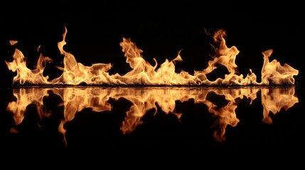 A mesmerizing reflection of flames dance against a stark black backdrop.
