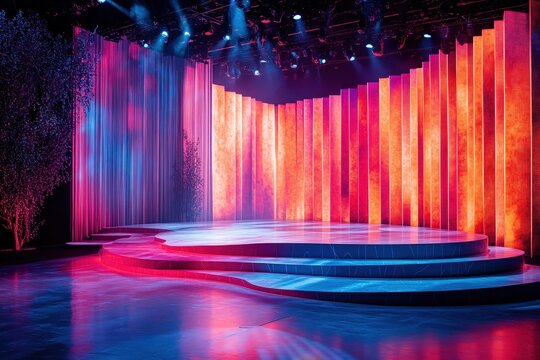 Colorful stage with lights and fog creating an energetic atmosphere for a performance during the evening at a local theater