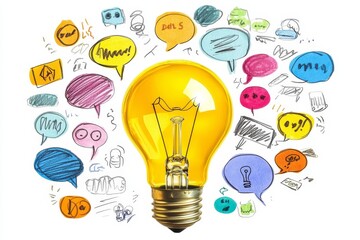 A yellow light bulb surrounded by speech bubbles and doodles representing creative ideas in design