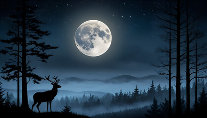 Majestic Full Moon Night with Deer in a Mystical Forest, Generative AI
