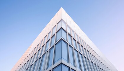 Fototapeta premium Clean lines, sharp angles, minimalist geometric building facade against a clear sky, empty, clean