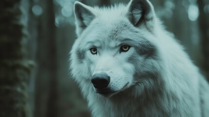 Obraz premium Close up portrait of wolf in forest. Wild animal with neutral expression. Gray, white fur. Black nose, yellow eyes. Green forest background. Predator mammal. Wildlife photo. Nature scene. Canine