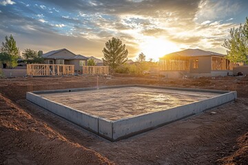 Concrete pouring for new home foundation in arizona suburb with framed houses in background