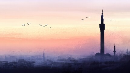 Obraz premium Serene Sunrise Over an Urban Landscape with Majestic Minarets, Soft Colors in the Sky, and Silhouettes of Birds Flying in the Horizon