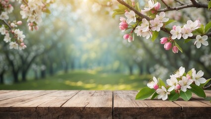 Rustic wood board mockup surface with apple blossoms and blurred orchard trees bokeh background