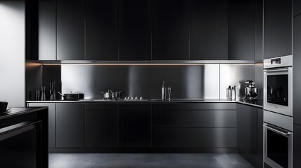 Fototapeta premium Monochrome kitchen with stainless steel accents, built-in high-end appliances, and seamless surfaces.