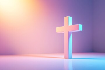 Obraz premium Close up 3d render of a simple christian cross on a light pink and orange gradient background