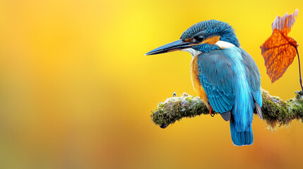 Obraz premium Vivid Kingfisher Bird Perched on Mossy Branch Against a Yellow Background.