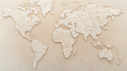 Intricate Relief Map of the World in Soft Neutral Tones, Perfect for Decor and Educational Use, Showcasing Geographical Features with Textured Detailing
