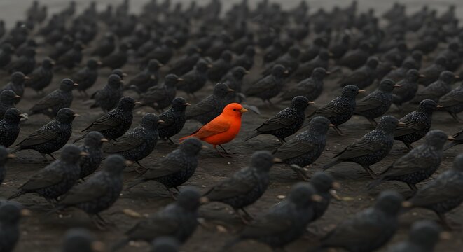 outlier Standing out from the crowd, red bird standing between folk of black birds, Generative AI