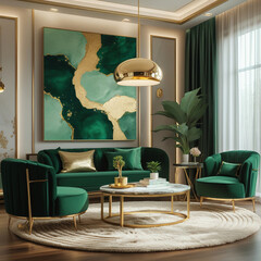 Elegant Green and Gold Living Room with Velvet Furniture and Abstract Art