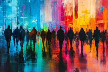 Obraz premium Vibrant abstract oil painting of silhouetted figures strolling down a colorful street scene