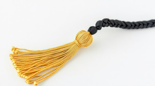 Black graduation cap with gold tassel isolated on white background. Graduation cap academic achievement, success. Ideal for educational institutions, businesses, individuals celebrating educational