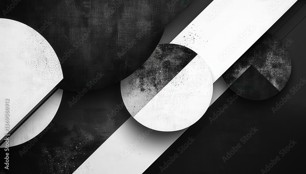 Poster Textured abstract design featuring circular shapes in black and white tones overlaying each other creating depth and dimension in a modern artistic composition