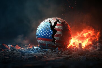 A cracked globe featuring russian and american flags amidst rubble and fire in a dark setting