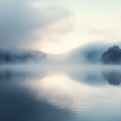 Obraz premium Ethereal lake shrouded in mist, reflecting the serene tranquility of nature