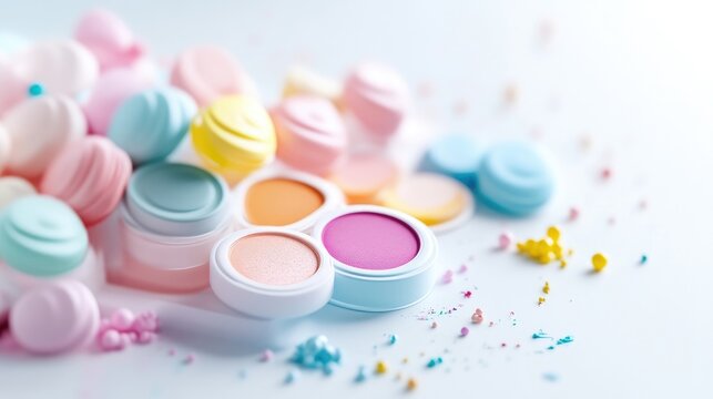 Colorful cosmetic products displayed with pastel-colored macarons