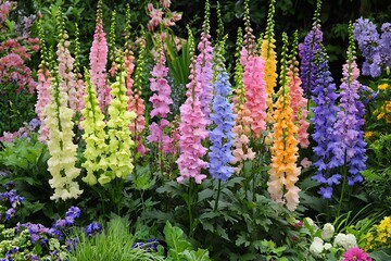 Obraz premium Colorful Blooming Delphinium Flowers with Green Foliage in Summer Garden Setting