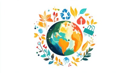 Vibrant Earth Illustration with Nature Elements and Eco Symbols Representing Sustainability, Recycling, and Environmental Awareness in a Colorful Design