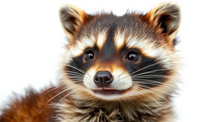 Obraz premium Close-up of an adorable raccoon with mischievous expression, isolated on white, portrait, design