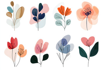 flat vector illustration of minimalist botanical icons, elegant flower silhouettes, clean design elements