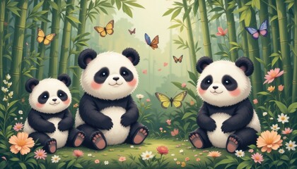 Adorable Panda Family in Bamboo Forest Cute Illustration of Pandas, Butterflies, and Flowers