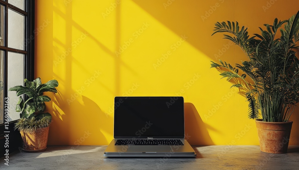 Poster bright workspace features a minimalist design with a laptop on a stone desk and houseplants against 