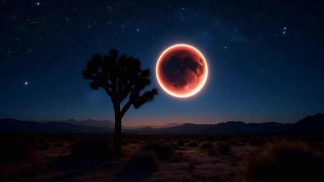 Red moon lunar eclipse with stars and a mountain silhouette