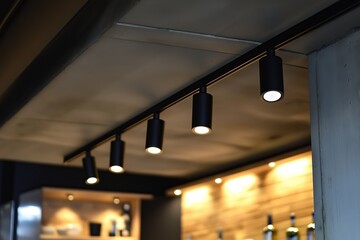 Lighting equipment on the wall in the living room. Spotlights under the ceiling. Track LED-lighting system