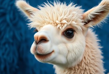 Close-up of fluffy alpaca, charming expression, blue fuzzy backdrop, animal, nature