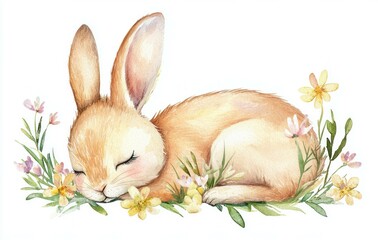 Cute sleeping rabbit illustration surrounded by wildflowers, perfect for spring themed designs, children s books, and nature inspired projects