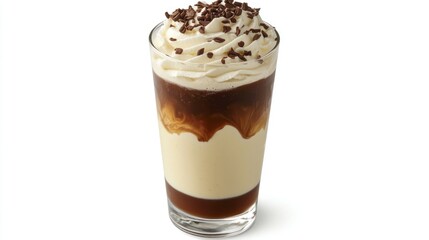 Close-up of a layered coffee drink with whipped cream and chocolate sprinkles.