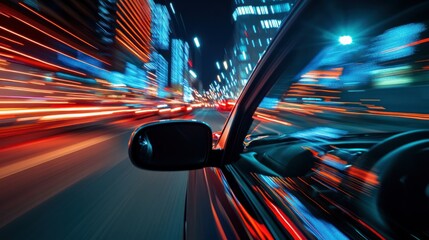 Driving through city at night, blur of motion, fast speed, vibrant lights