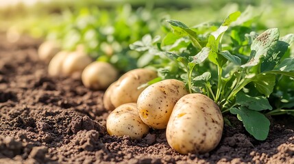 Freshly Harvested Potatoes in Fertile Soil with Green Leaves, FarmFresh Produce