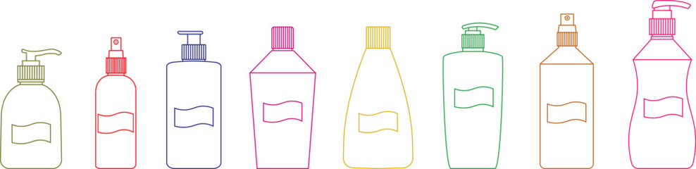 Cosmetic packaging mockup icon set. Silhouettes cosmetic products template flat and line vector collection isolated on transparent background. Symbol for beauty product sign web and app.