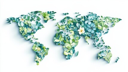 Beautiful Floral World Map Artwork with Vibrant Greenery and Exotic Flowers Representing Nature and Global Connection in a Unique Artistic Style