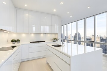 Sleek white kitchen with handleless cabinets, quartz countertops, and recessed lighting, bathed in natural daylight.