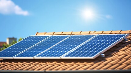 Rooftop Solar Panels Capturing Sunlight on Bright Clear Day with Blue Sky and Warm Sunlight, Promoting Renewable Energy and Eco-Friendly Solutions