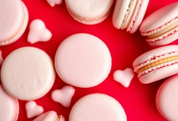 Obraz premium Delicate pastel French macarons arranged artfully on a vibrant red background, Valentine's Day theme, festive, food