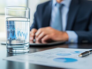 Fototapeta premium Glass of water with stock market graph projected onto it, sitting on a desk with blurred businessman working in background.