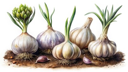 A Delicate Watercolor Depiction of Several Garlic Bulbs, Freshly Harvested and Showcasing Vibrant Green Sprouts, Resting Gently on Rich Brown Soil