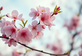 Obraz premium Delicate pink and white cherry blossoms in full bloom on a tree branch against a soft spring sky, wallpaper, season