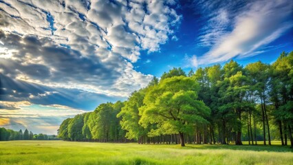 Sunbeams Illuminate Lush Green Meadow and Vibrant Deciduous Trees Under a Dramatic Sky
