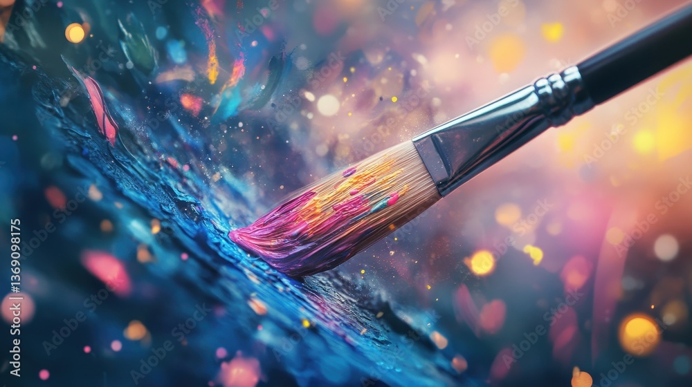 Poster Brush creating colorful patterns on a vibrant canvas during a creative art session in a bright studio filled with inspiration and energy
