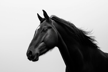 A black horse with a glossy coat, captured in a dramatic close-up against a white background