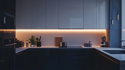 Two-tone kitchen with high-gloss white cabinets, matte black finishes, and a soft ambient glow.